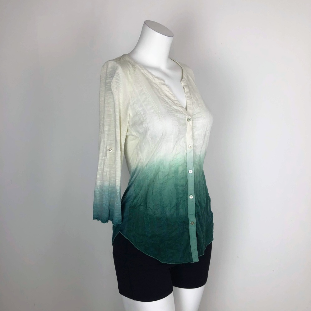 TINY Ombre Fade Green White Button Blouse Top - Picture 3 of 7